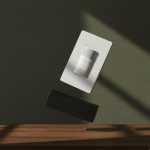 A view from above showing the white, rectangular smart control device partially hidden behind a white piece of paper, possibly its manual or packaging insert. A dark, rectangular piece (perhaps a mount or back plate) is underneath. The objects are on a dark olive-green background