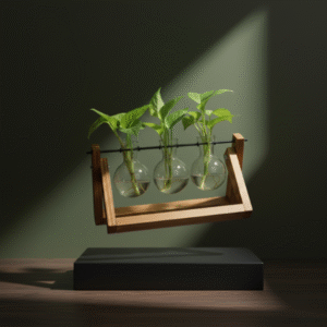 The wooden framed propagation station, holding five glass tubes with plant cuttings, is suspended in mid-air over a dark rectangular pedestal. The background is a deeply shaded olive-green wall with dramatic lighting.