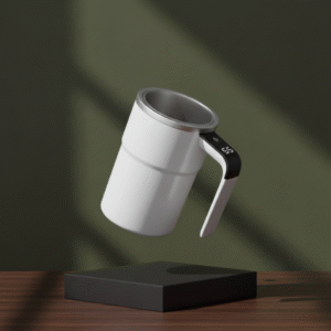 A white smart coffee mug with a silver rim and black handle appears suspended in the air above a black rectangular block. Strong lighting casts dramatic shadows on the olive green background.