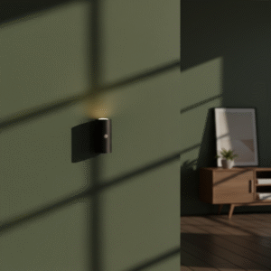 A subtle view of the black cylindrical light mounted to a dark green wall as a small sconce, casting a warm glow, with room furniture visible in the soft focus background.