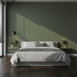 A wide-angle view of a modern bedroom with a large bed. A black cylindrical wall sconce is mounted on the dark green wall above a floating bedside table to the left of the bed.