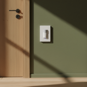 A white, rectangular smart control device is mounted on a dark olive-green wall next to a light brown wooden door and frame. The scene is lit by strong directional sunlight creating long, dramatic shadows on the wall and floor.