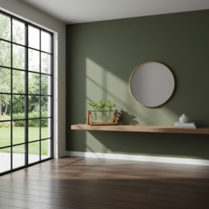 A wide shot of a modern room with large grid pane windows overlooking a green lawn. The walls are painted olive green. A simple wooden floating shelf holds decorative items beneath a round mirror. The propagation station sits on the far left.