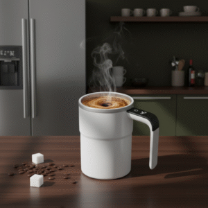 A close-up of a white coffee mug with a silver rim and a black handle, featuring a small black control button near the base. The mug is on a dark wooden counter next to scattered sugar cubes, with a blurred kitchen background.