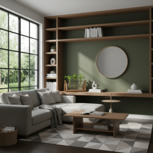 A fully furnished living room with olive green walls, large windows, and dark wood floors. A gray sectional sofa, geometric rug, and wooden built-in shelving complete the space. The plant propagation station is visible on the low console shelf.