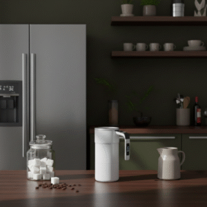 A white smart coffee mug rests on a dark wooden counter next to a glass jar filled with sugar cubes and a stainless steel creamer pitcher. The setting is a kitchen with a gray refrigerator and olive-green cabinets in the background.