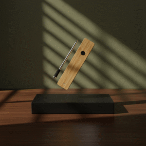 The wooden charging block for a smart meat thermometer, with the metal probe resting diagonally across it, is suspended above a dark square pedestal. The background is a deeply shaded olive-green wall with strong side lighting.