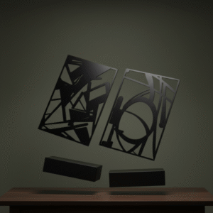 A conceptual shot showing two rectangular black abstract art panels angled and appearing to float or levitate above two small black pedestals.