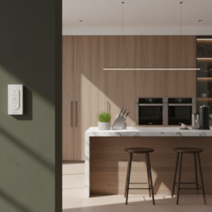 A white, minimalist smart wall switch is mounted on a dark green wall, offering a sleek control point in a brightly lit, contemporary kitchen with wood and marble finishes.