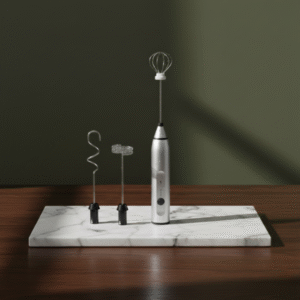 Three different stainless steel whisk attachments (frother, hook, and balloon whisk) are shown standing upright on a white marble slab, with the main black frother body out of focus in the background.