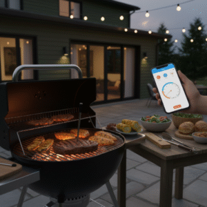 A person is barbecuing meat and vegetables on an outdoor grill at dusk. The smart thermometer probe is inserted into the food on the grill, and a hand holds a smartphone displaying the cooking app's temperature reading. String lights hang in the background.