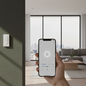 A hand uses a smartphone app to control lighting, with a white smart wall switch visible on the dark green wall to the left, set in a bright, modern living room environment.