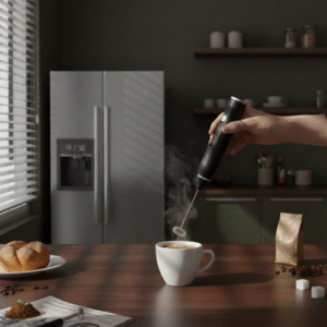 A person's hand holds the black frother, using it to mix a beverage in a white coffee mug on a wooden counter. A croissant and coffee beans are nearby, with a stainless steel refrigerator and olive-green cabinets visible in the background.