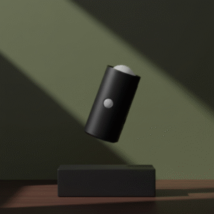 A conceptual shot of the black cylindrical light, angled and appearing to float or levitate above a black rectangular pedestal against a dark green background.